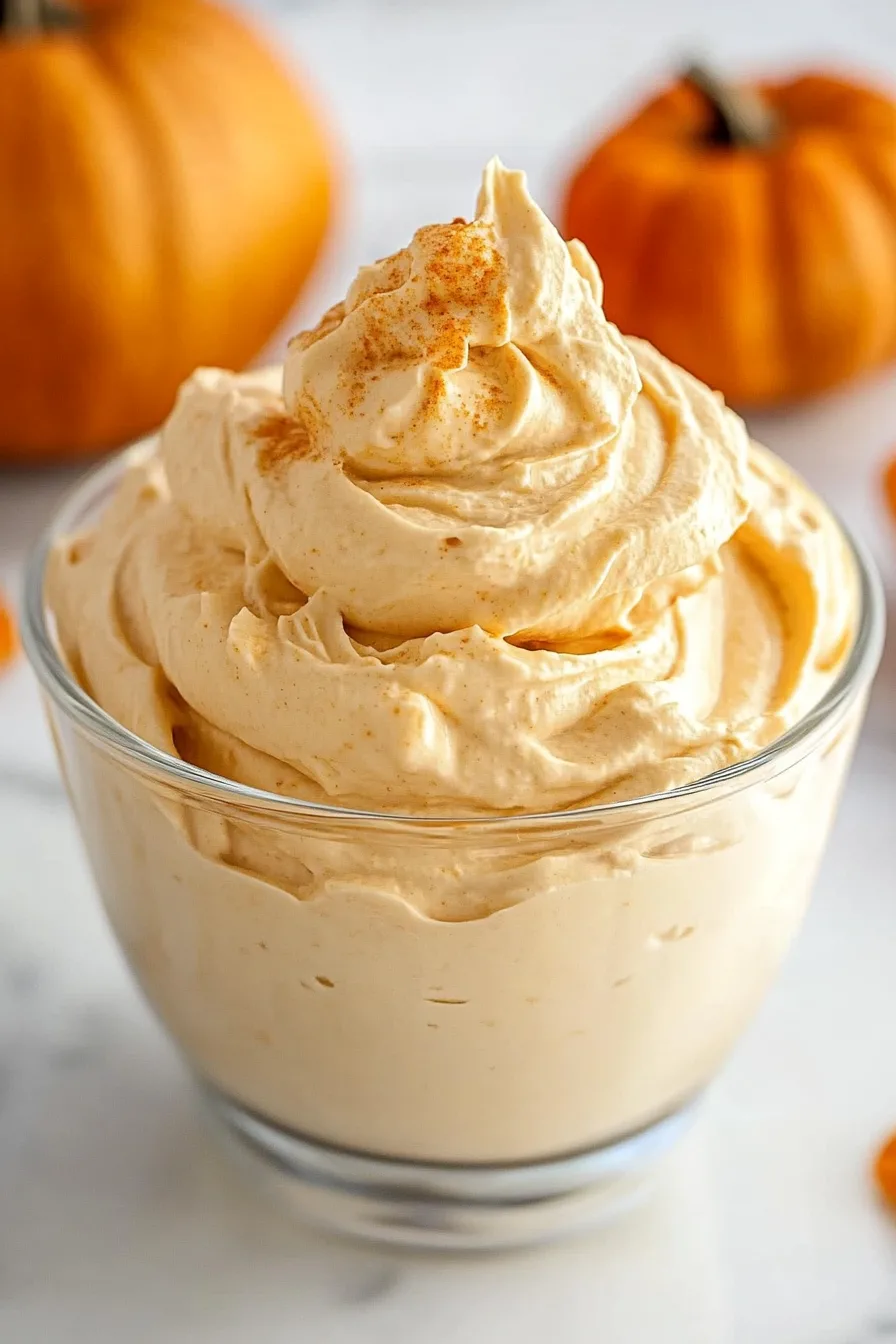 A glass bowl filled with fluffy orange whipped cream, topped with a light dusting of spice.