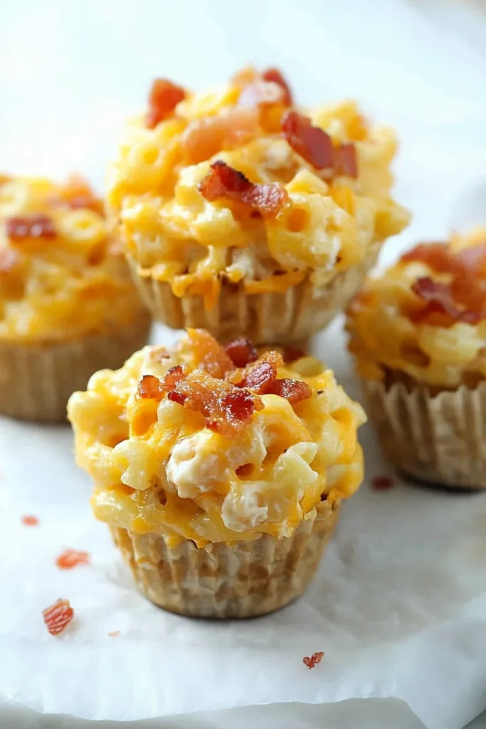 Close-up of creamy pasta cups with melted cheddar