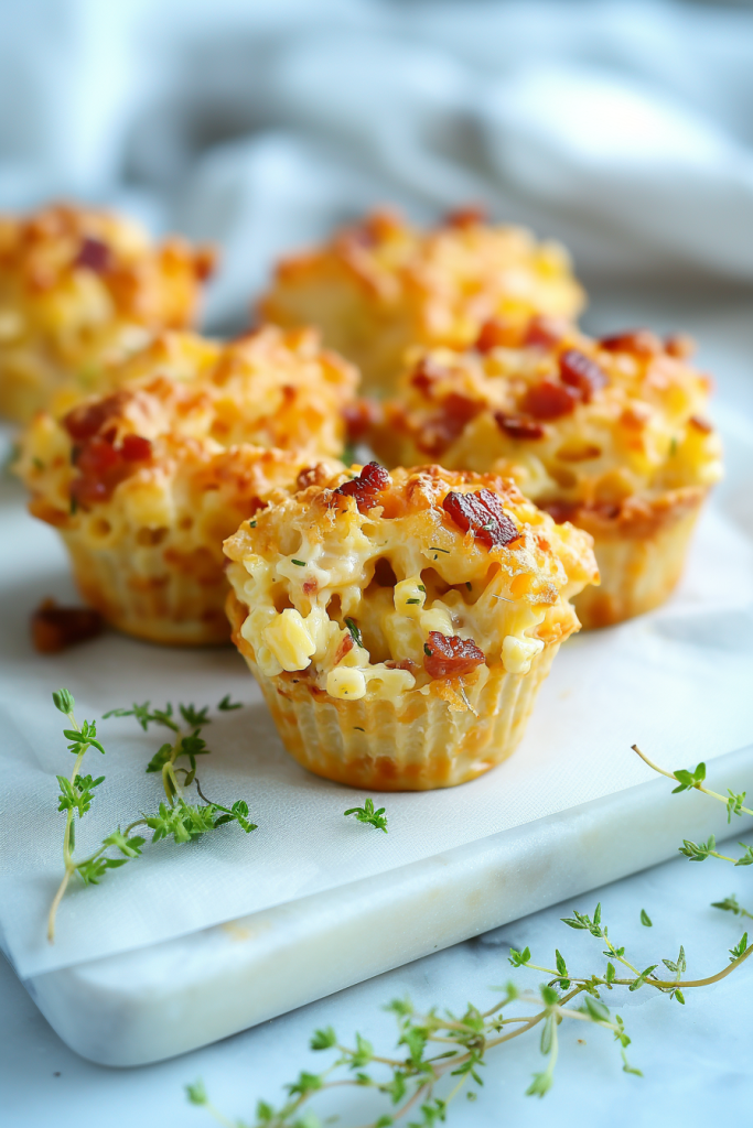 Final shot highlighting cheesy pasta baked into snack-sized cups