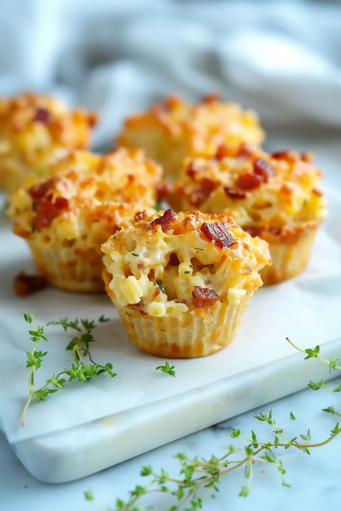 Final shot highlighting cheesy pasta baked into snack-sized cups
