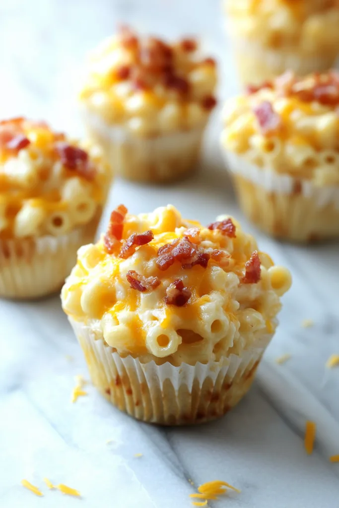 Cupcake-style macaroni topped with crispy bacon pieces