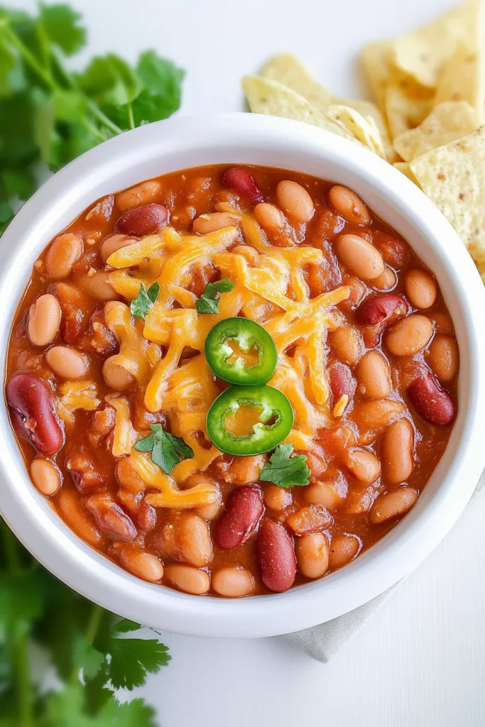 Bowl of tender beans in rich sauce, accented with fresh cilantro leaves.