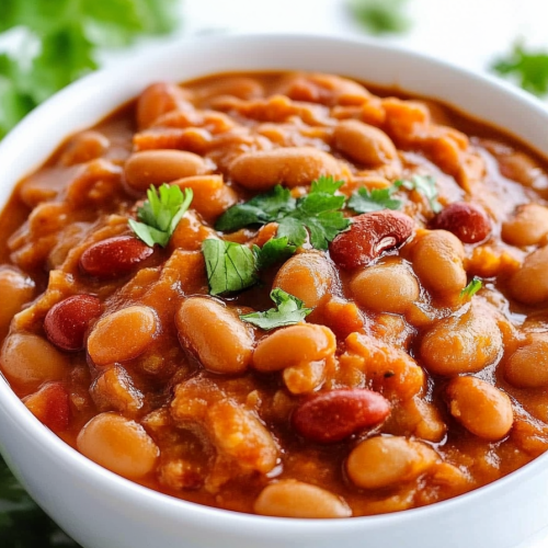 Close-up of a white bowl filled with beans in a thick, reddish-brown sauce, topped with fresh cilantro.
