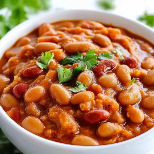 Close-up of a white bowl filled with beans in a thick, reddish-brown sauce, topped with fresh cilantro.