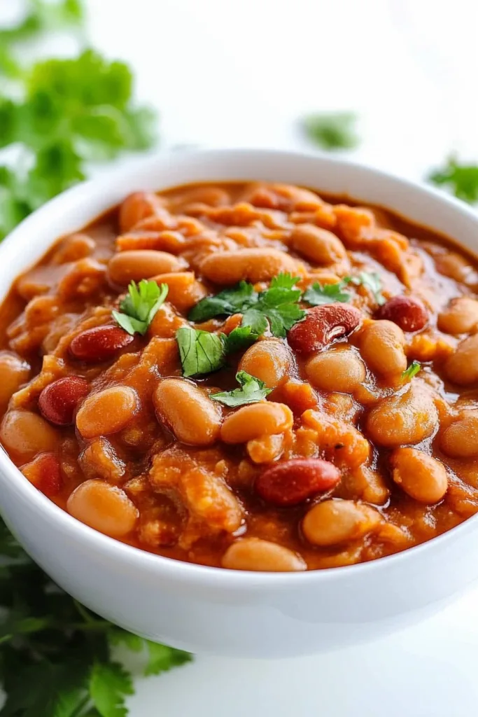 Close-up of a white bowl filled with beans in a thick, reddish-brown sauce, topped with fresh cilantro.