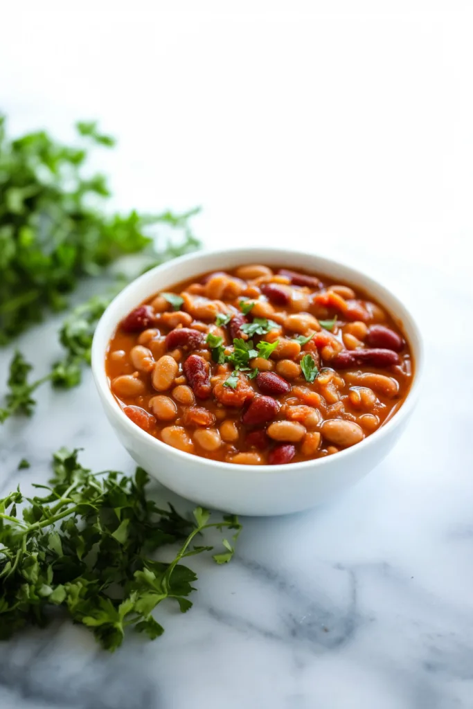 Hearty bean dish with a glossy sauce and green herb garnish, served in a ceramic bowl.