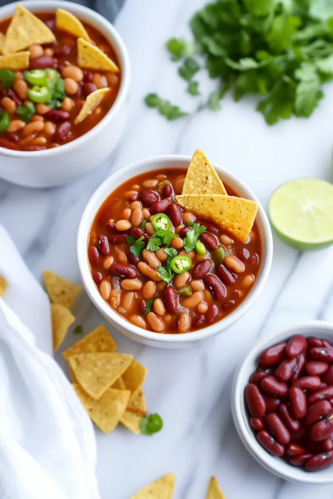 Final presentation of a rustic bean dish with vibrant color contrast between sauce and garnish.