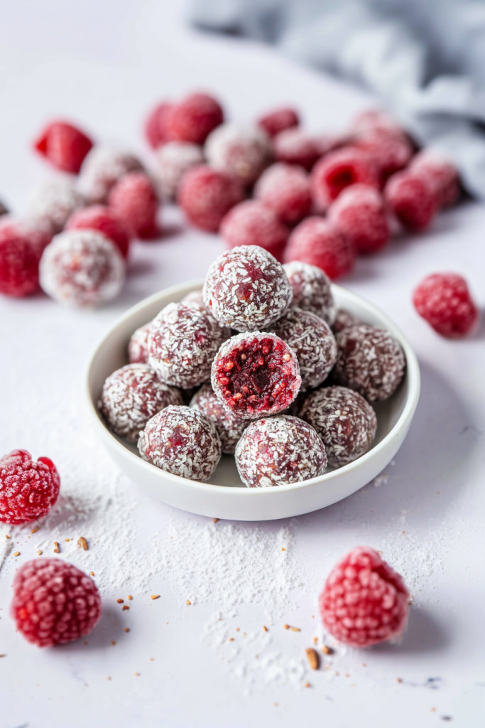 Homemade energy balls with a colorful raspberry hue, surrounded by scattered coconut flakes.