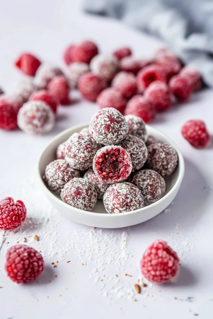 Homemade energy balls with a colorful raspberry hue, surrounded by scattered coconut flakes.