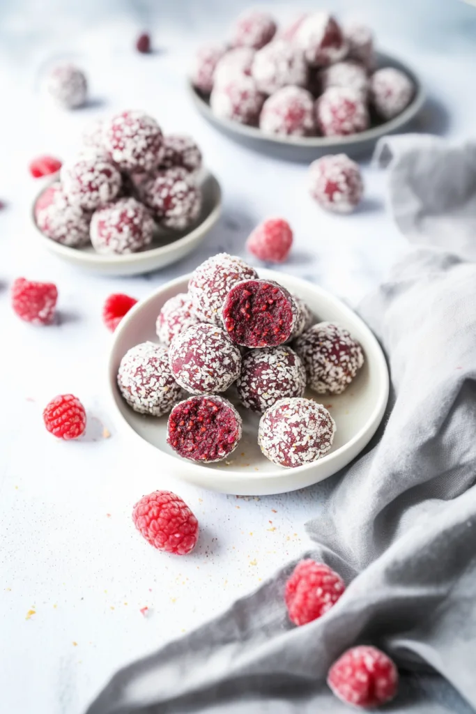 Plate of bite-sized treats showing red centers beneath a white coconut coating.