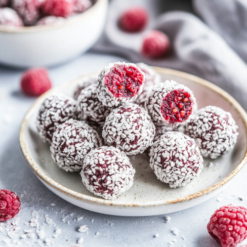 Round raspberry-colored bites coated in shredded coconut, arranged neatly on a white plate.