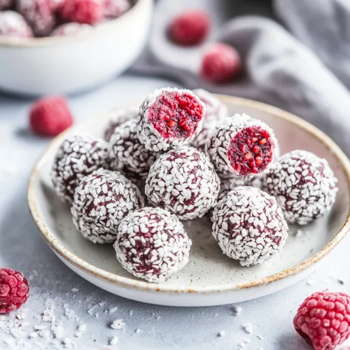 Round raspberry-colored bites coated in shredded coconut, arranged neatly on a white plate.