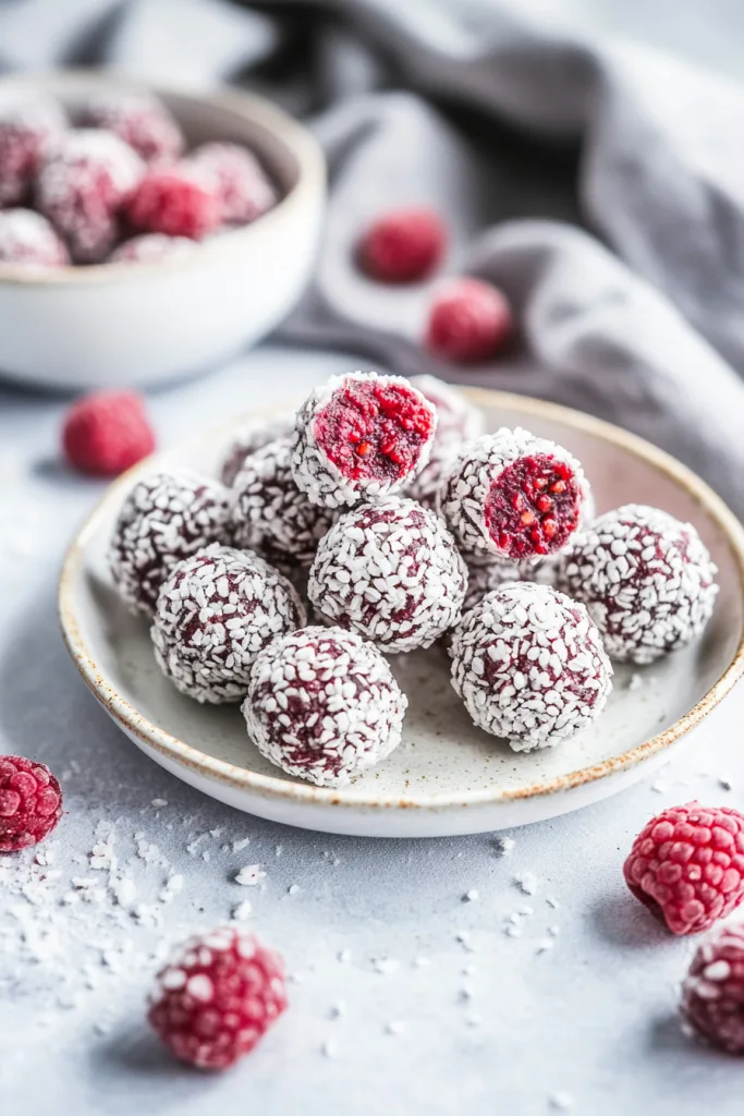 Round raspberry-colored bites coated in shredded coconut, arranged neatly on a white plate.