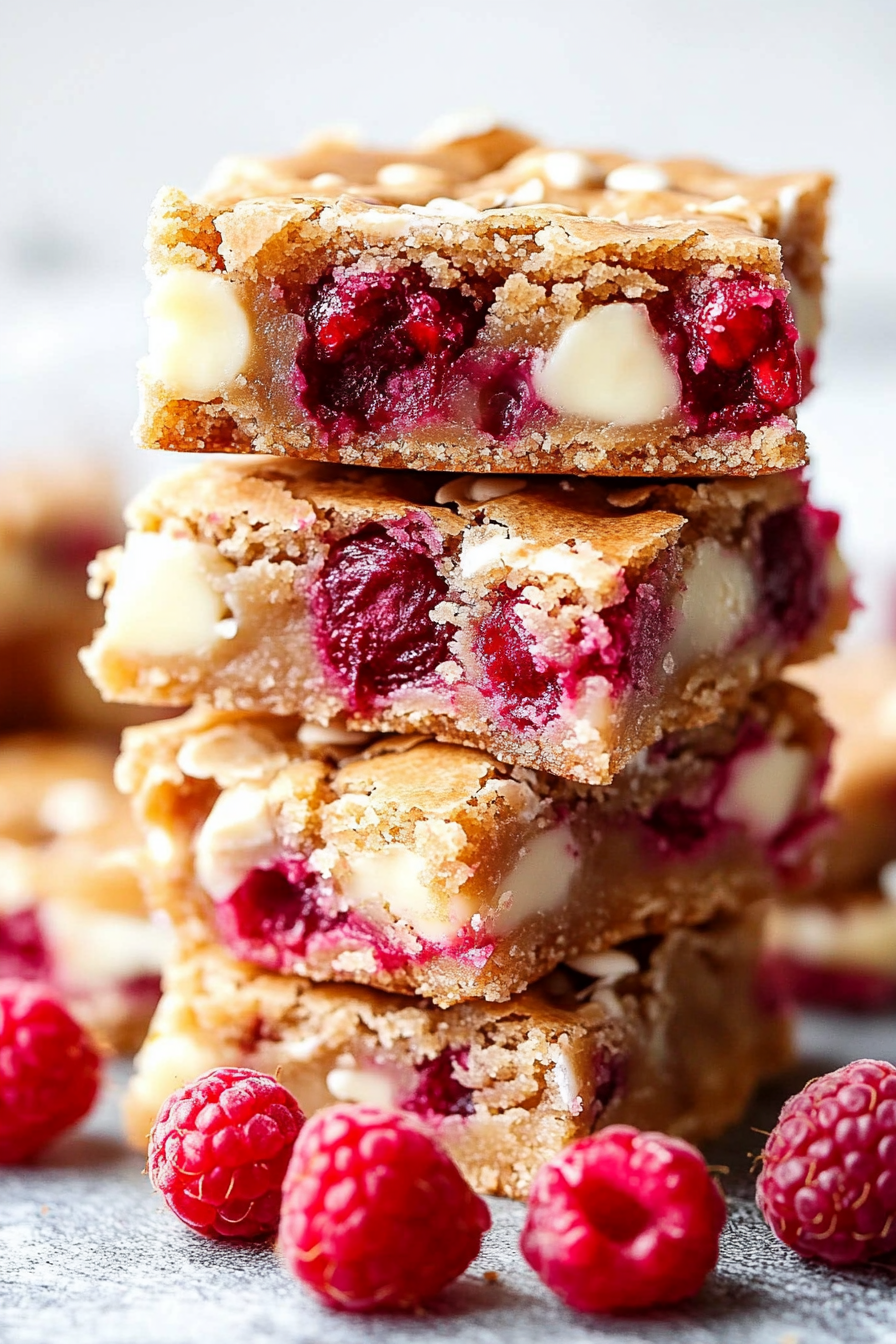 Raspberry and White Chocolate Blondies presented with fruit garnish.
