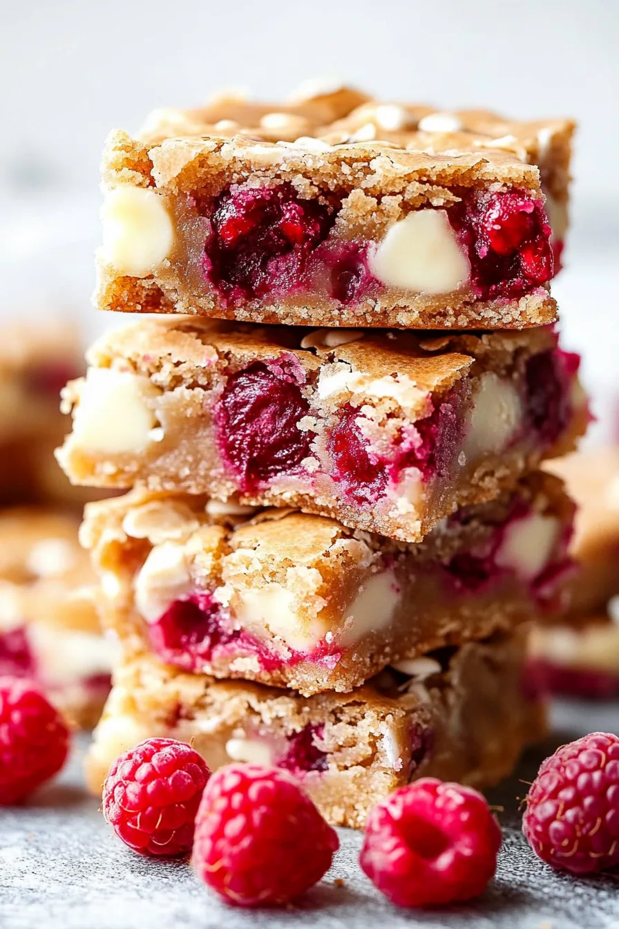 Raspberry and White Chocolate Blondies presented with fruit garnish.