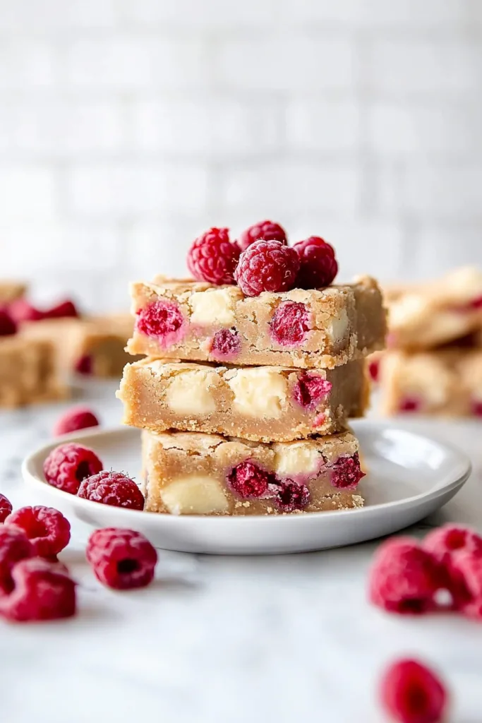 Fresh raspberries and creamy chocolate pieces scattered around chewy bars.
