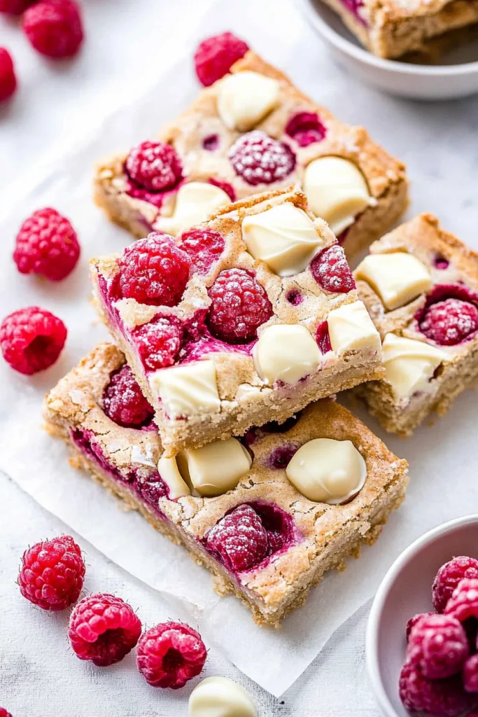 Golden dessert bars with raspberries and white chocolate chunks.