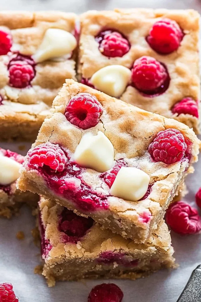Close‑up of baked blondies highlighting cracked surface and vibrant fruit.
