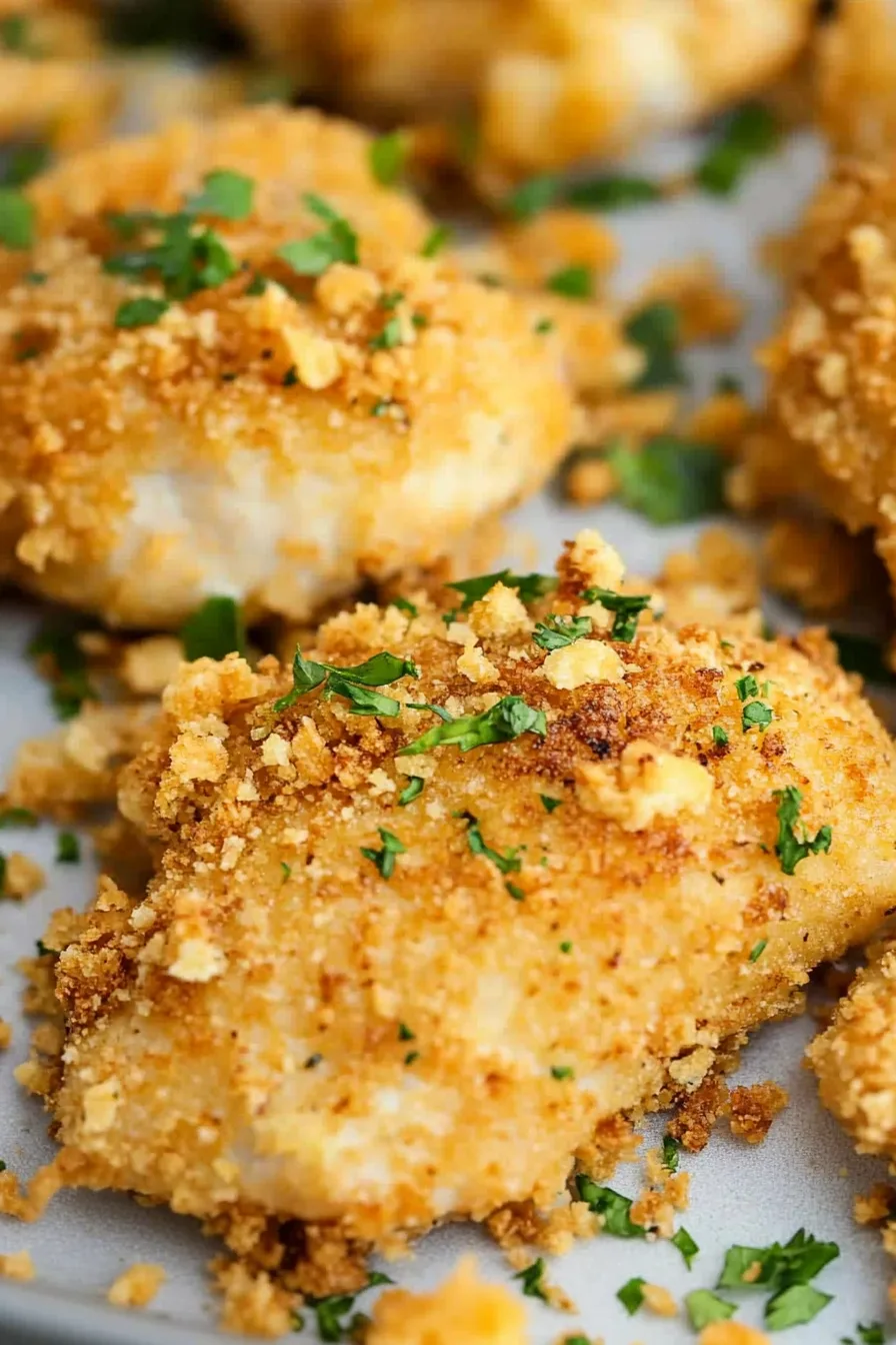 Close-up of crunchy breaded chicken garnished with fresh herbs.