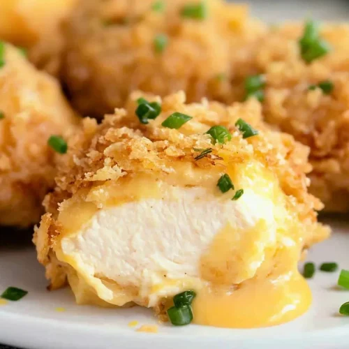 Golden, crispy chicken served on a plate with melted cheese peeking through the center.