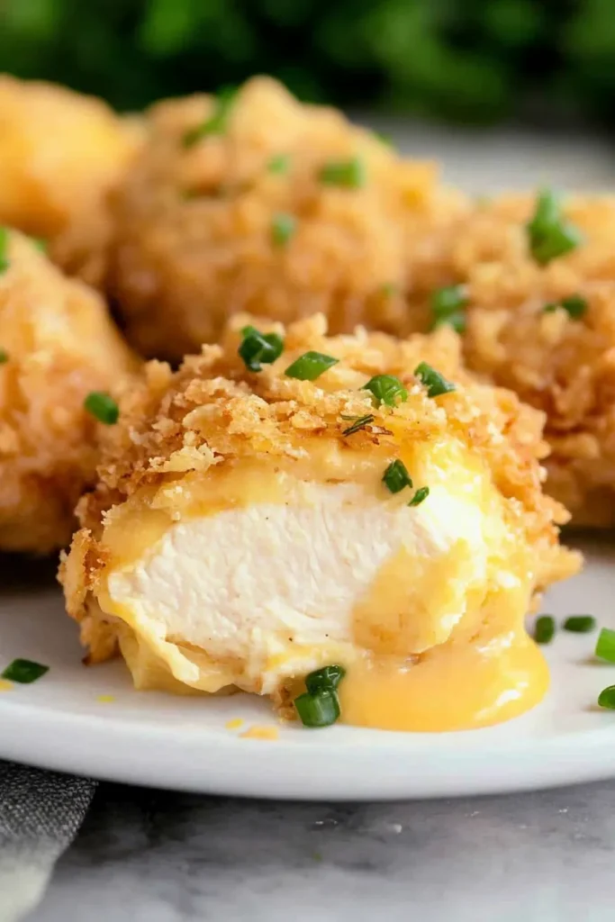Golden, crispy chicken served on a plate with melted cheese peeking through the center.