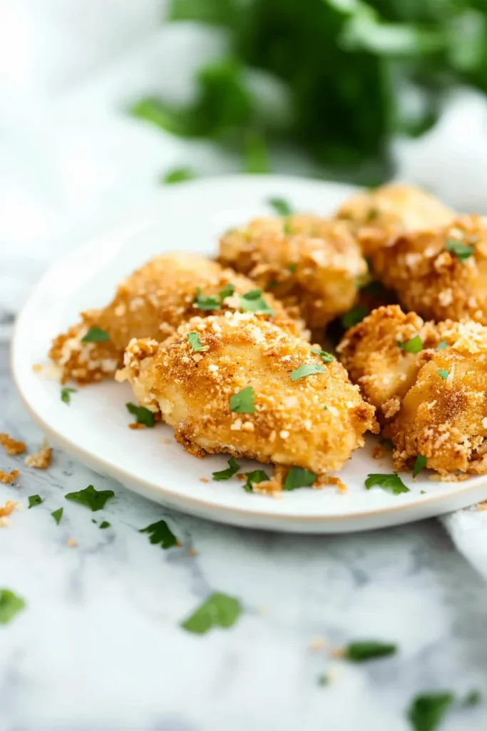 Crisp, golden chicken pieces arranged neatly on a white dish.