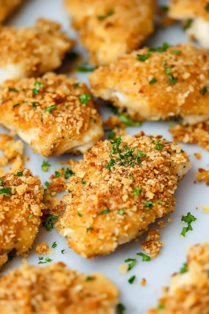 Cheese-stuffed chicken with a crunchy coating, plated for serving.