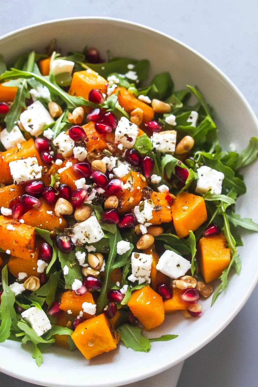 Final presentation of a seasonal salad with roasted squash, feta chunks, and arugula leaves.