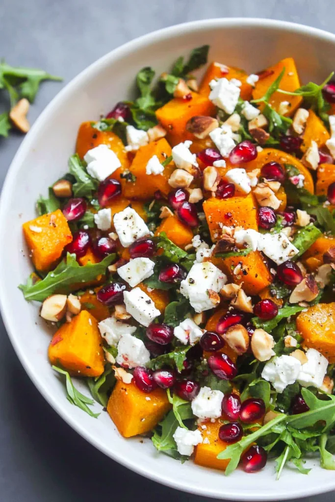 Healthy dish featuring orange squash, leafy greens, and scattered pomegranate pearls.
