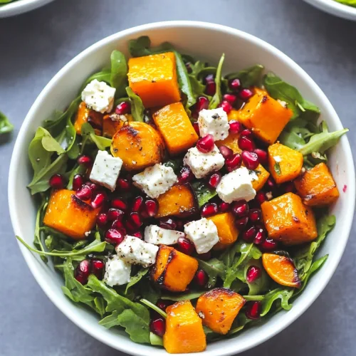 Colorful salad bowl with roasted squash cubes, arugula, feta, and pomegranate seeds.