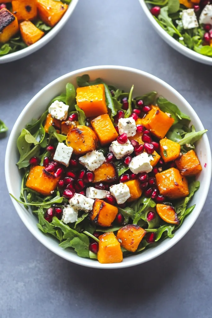 Colorful salad bowl with roasted squash cubes, arugula, feta, and pomegranate seeds.