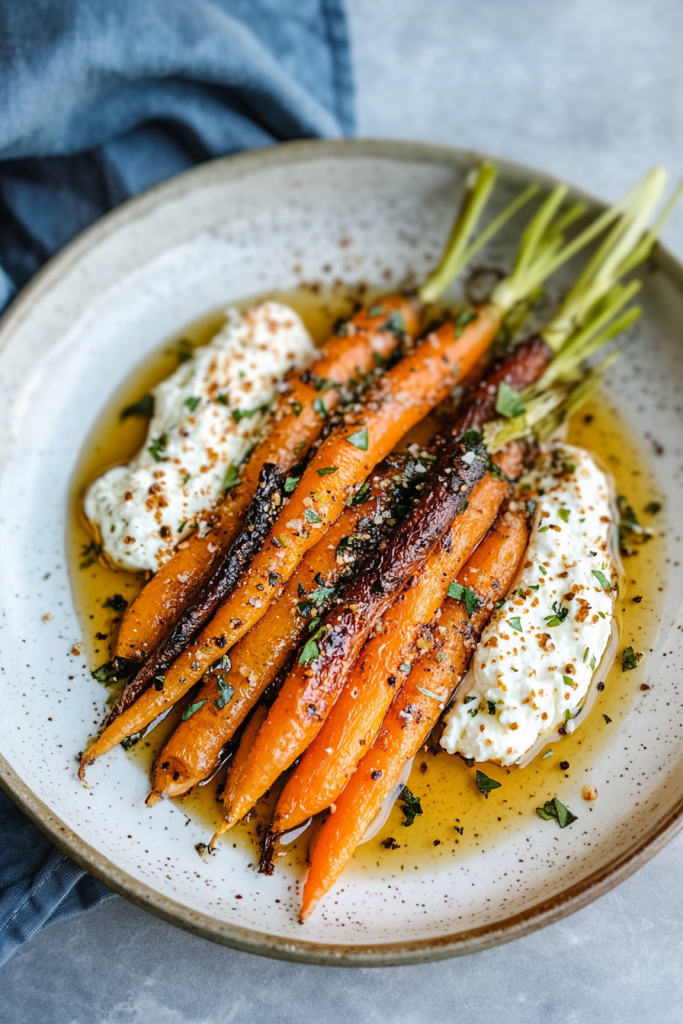 Vibrant roasted carrots arranged neatly with seeds sprinkled over smooth ricotta.