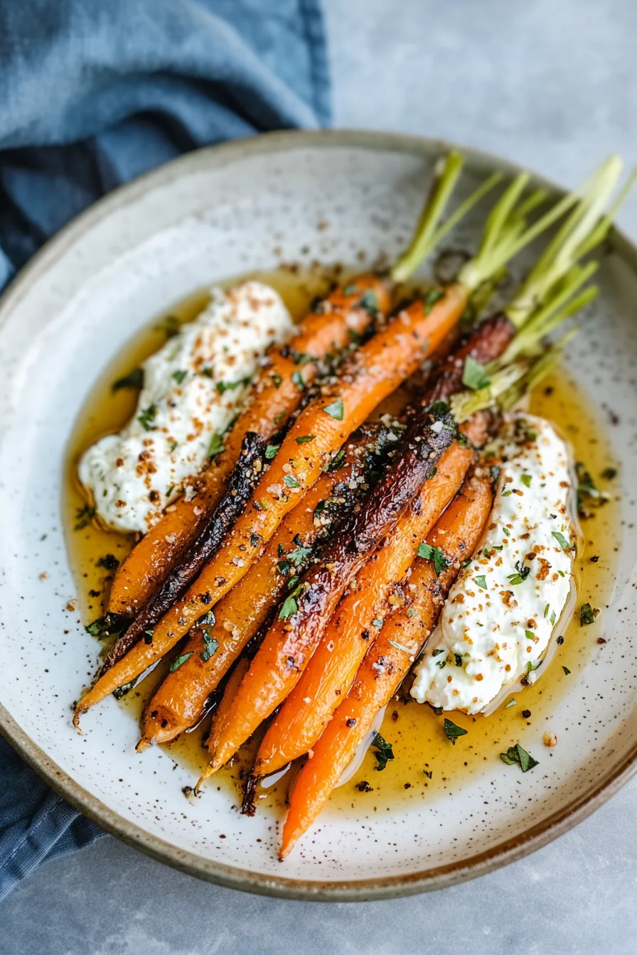 Vibrant roasted carrots arranged neatly with seeds sprinkled over smooth ricotta.