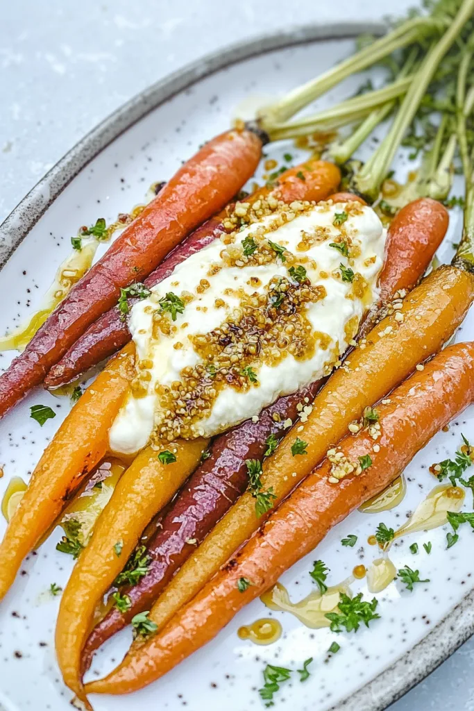 Final plated dish showing glossy carrots with hot honey glaze and creamy topping.