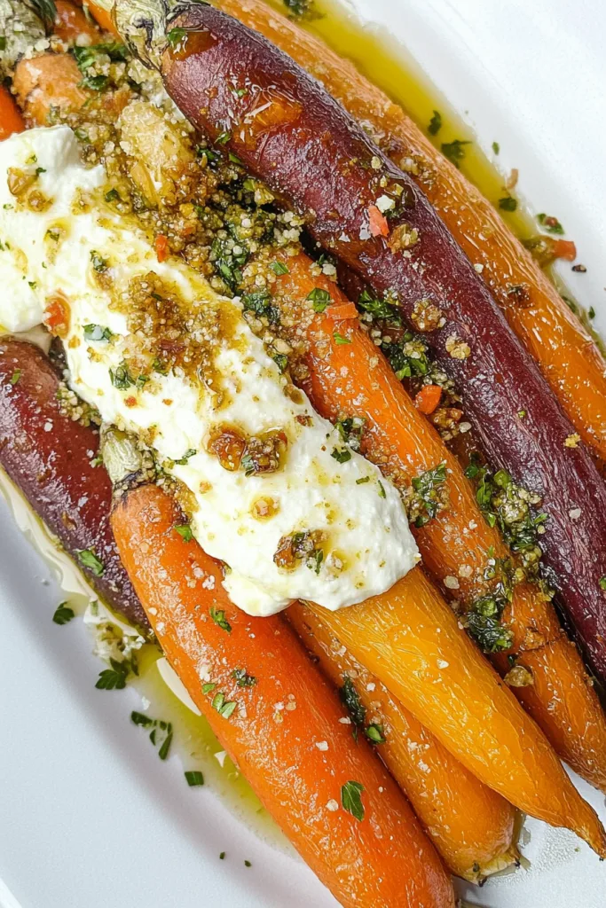 Rustic serving of roasted carrots finished with ricotta and crunchy toasted grains.