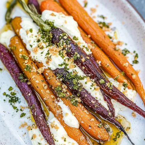 A white plate of multicolored roasted carrots topped with creamy ricotta and a drizzle of golden honey.