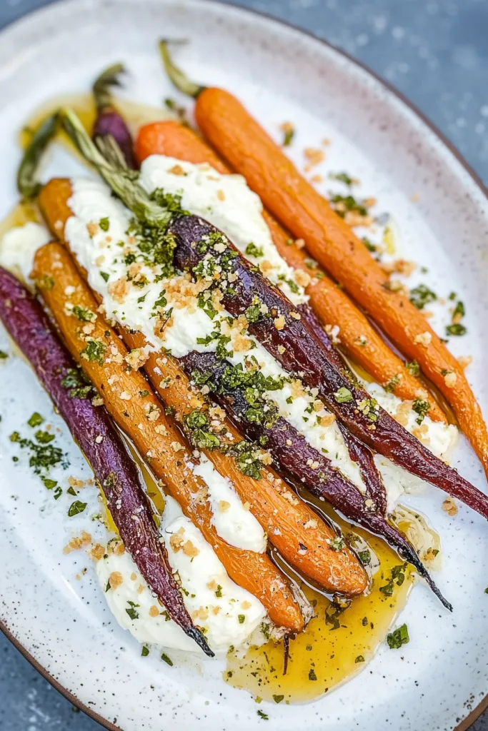 A white plate of multicolored roasted carrots topped with creamy ricotta and a drizzle of golden honey.