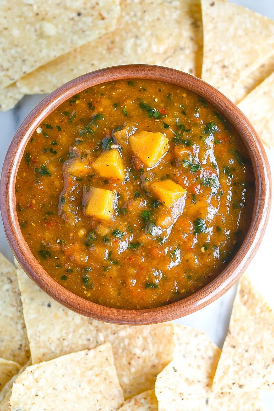 Thick, textured salsa showing flecks of herbs and peppers.