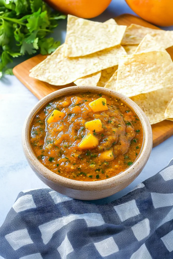 Freshly made salsa with a golden hue, paired with crispy chips.