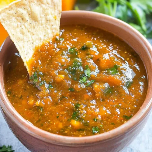 A rustic bowl of bright orange salsa with a tortilla chip dipped inside.