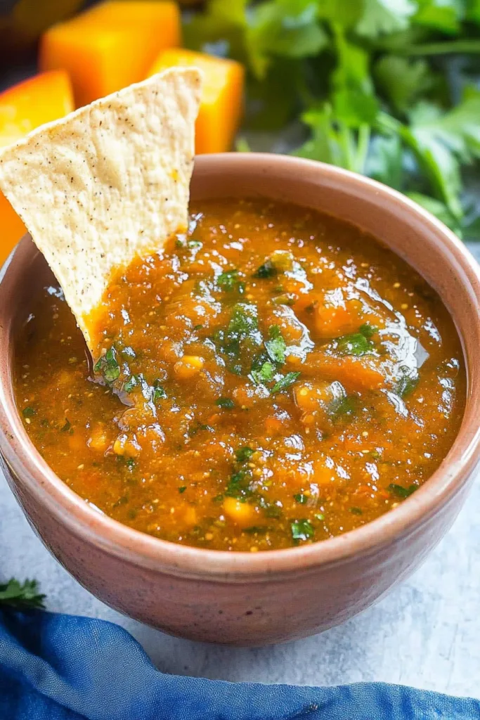 A rustic bowl of bright orange salsa with a tortilla chip dipped inside.