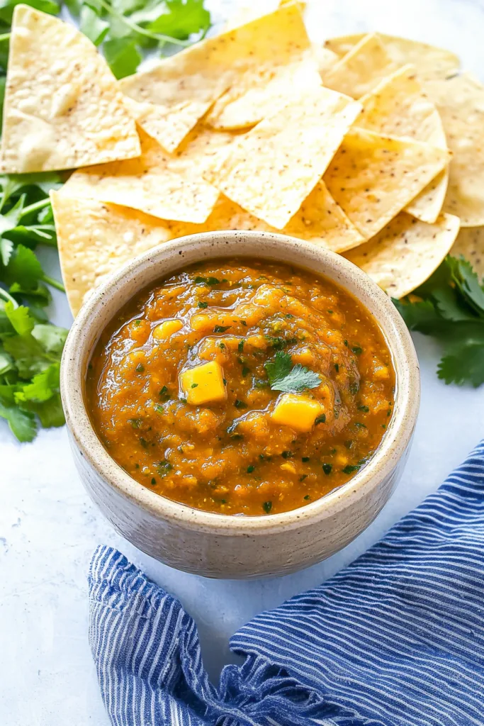 Roasted mango habanero salsa served in a bowl, emphasizing its bold color.