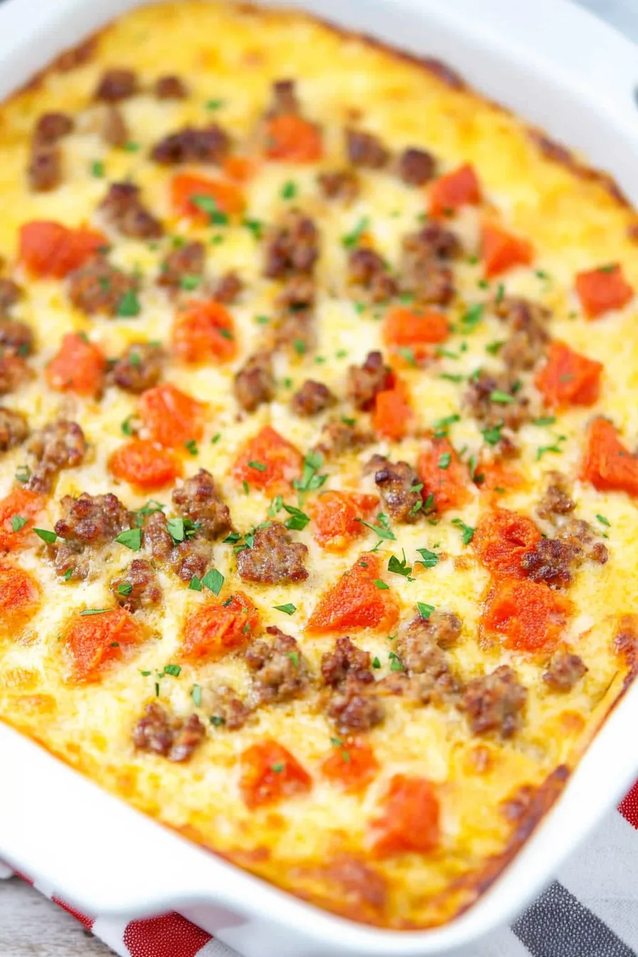 Golden-brown casserole topped with browned sausage and melted cheese.