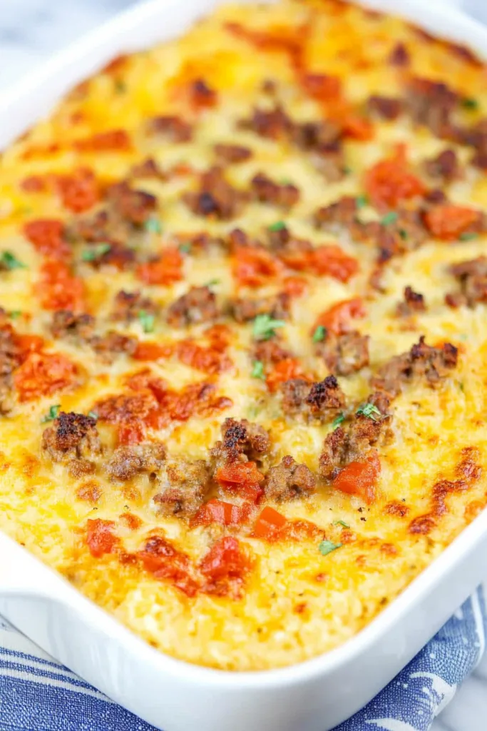 Rectangular dish of cheesy casserole resting on a patterned cloth.