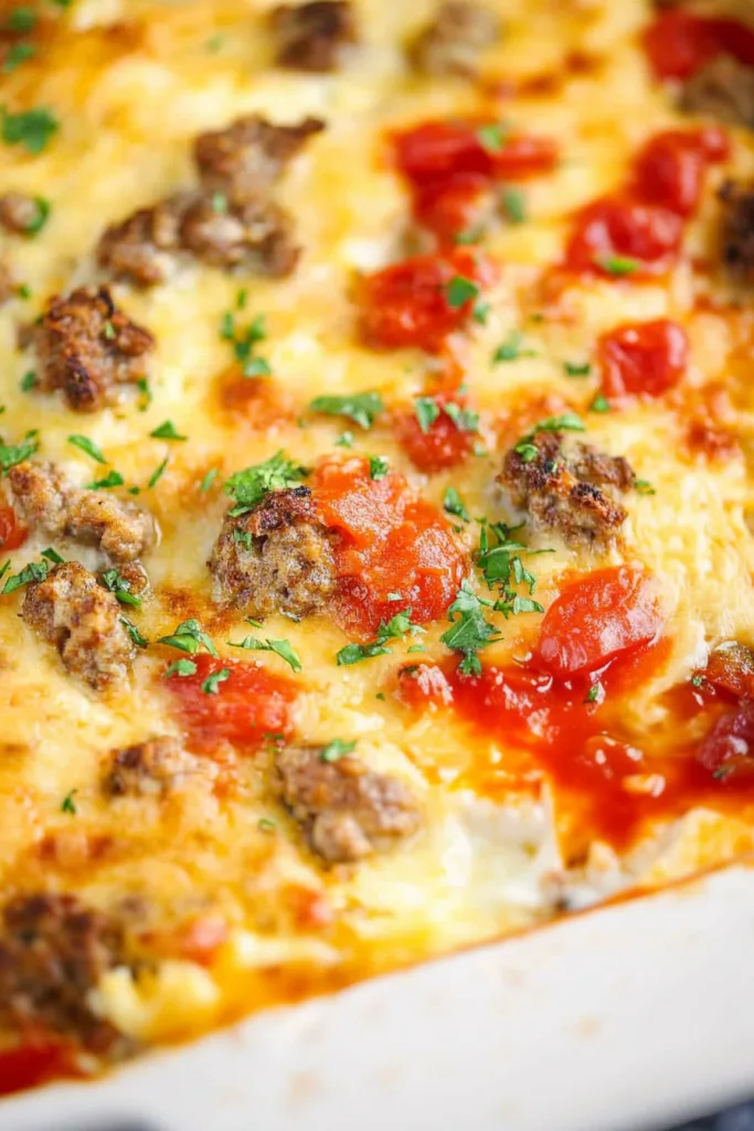 Savory casserole showing crisp edges and colorful vegetable pieces.