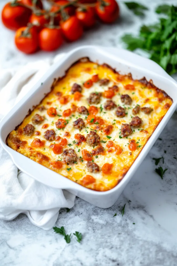 Freshly baked casserole highlighting browned meat and melted cheese layers.