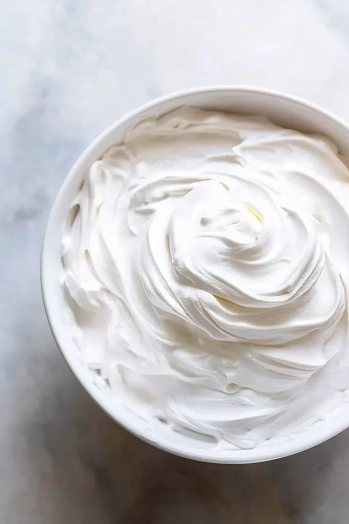 Bowl of fluffy white frosting with soft peaks and swirls.