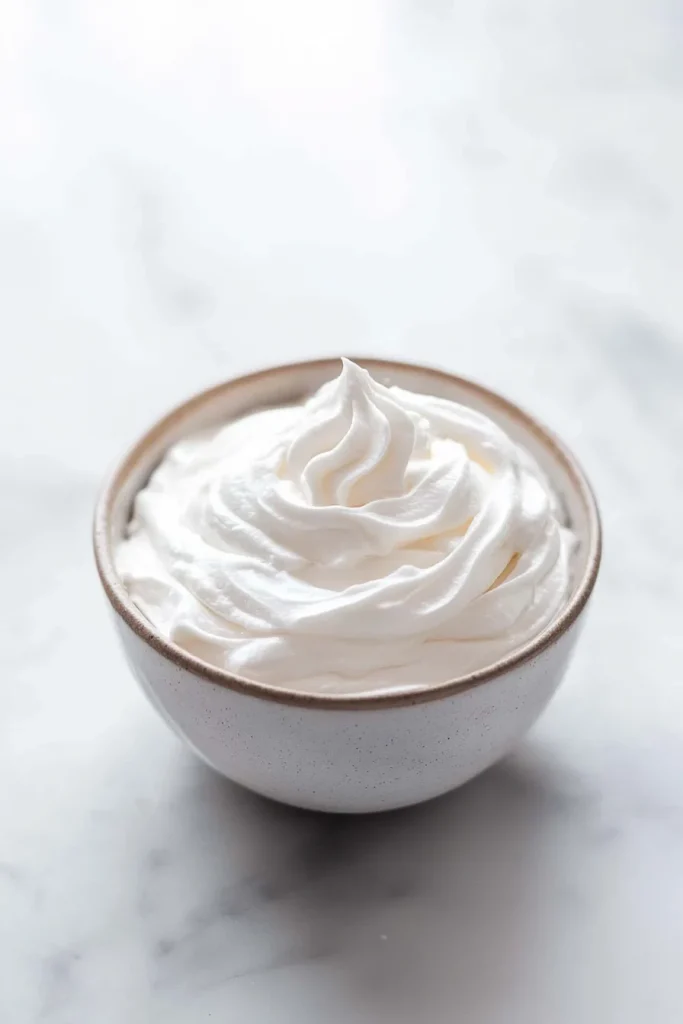 Smooth, cloud-like frosting in a white ceramic bowl.