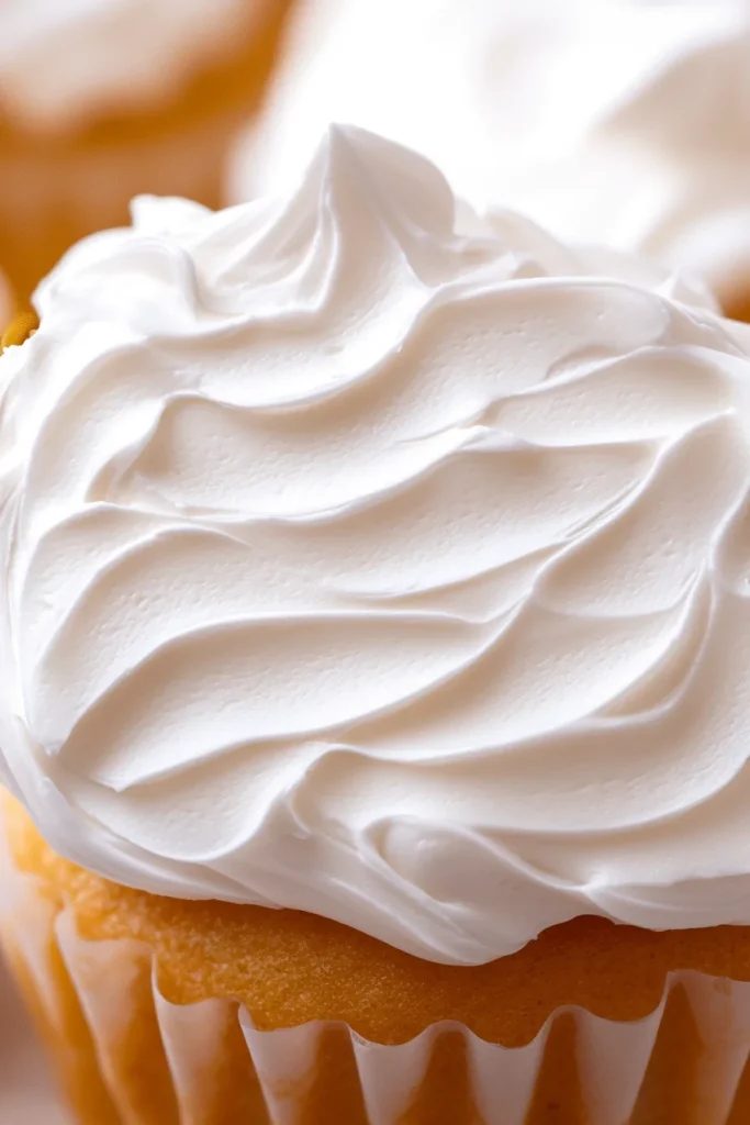 Close-up of glossy whipped frosting showing airy texture.