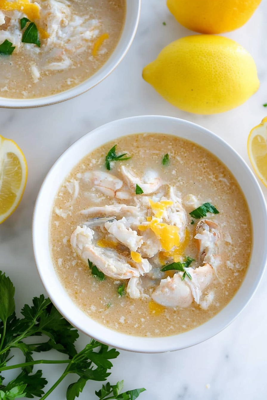 Overhead view of smooth, velvety soup served in white ceramic bowls.